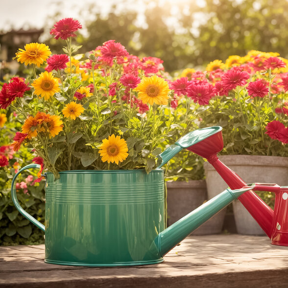 Arrosoirs turquoise et rouges à pois blancs posés parmi des tournesols et fleurs colorées dans un jardin ensoleillé - Agrandir l'image, fenêtre modale